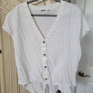 Caslon White Button-Front Tie Hem Top with V-Neck